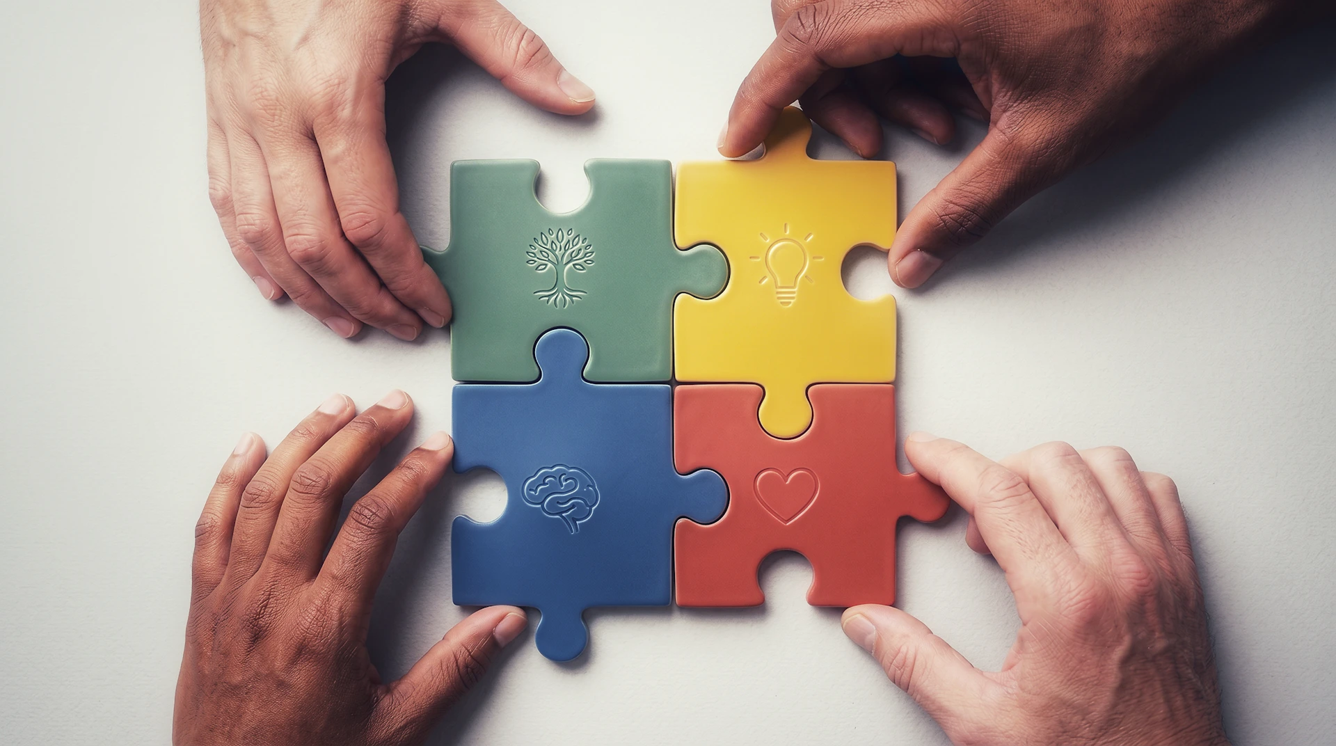 Four hands connecting colourful puzzle pieces with symbols