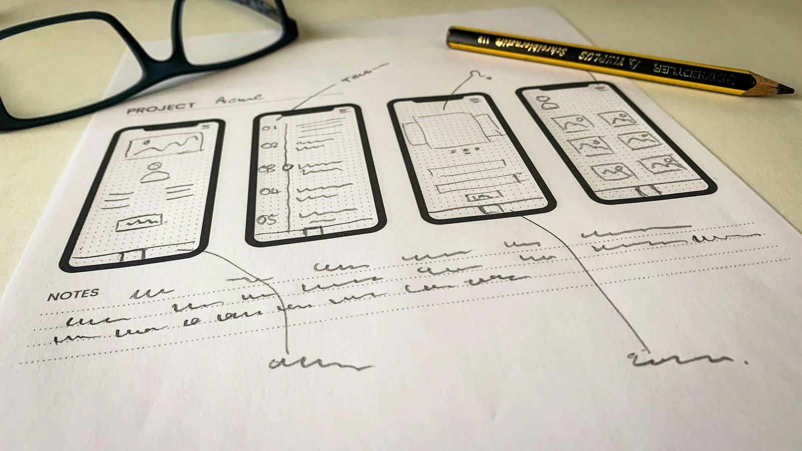 Black-framed glasses resting above hand-drawn mobile wireframes and notes on white paper — Photo by Glen Carrie on Unsplash